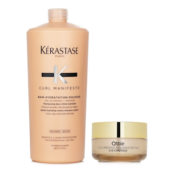 Kerastase Curl Manifesto Bain Hydratation Douceur Shampoo Gentle Creamy Shampoo - For Curly, Very Curly & Coily Hair (Salon Size) 1000ml X Ottie Gold Prestige Resilience Lifting Eye Contour 30ml